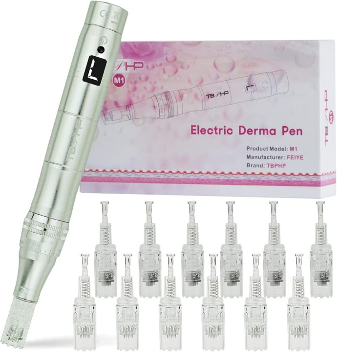 TBPHP Dermapen M1 Upgraded Electric Wireless Beauty Pen LCD Screen with 12 Replacement Cartridges (Silver)