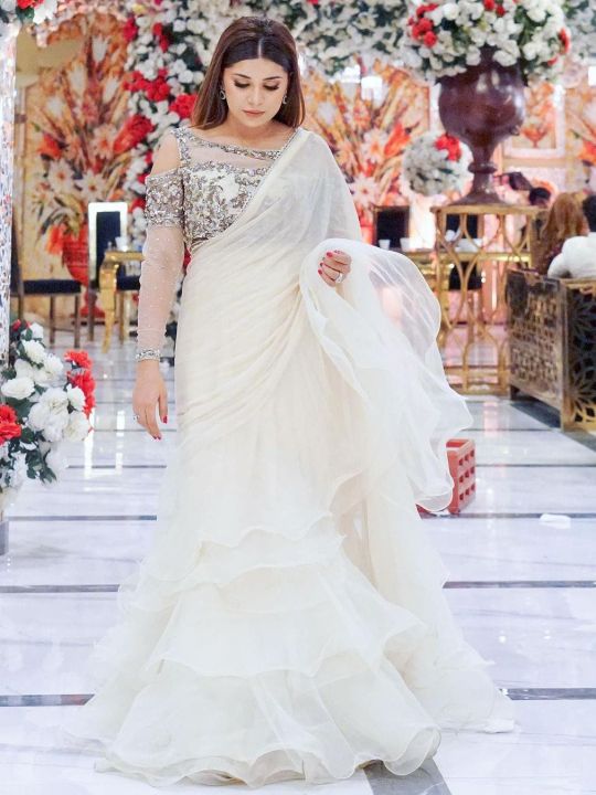Madiha Ahsan wearing Organza Ruffle Saree paired with a fancy blouse [Stitched]