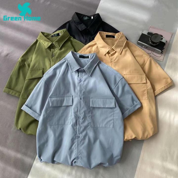 Green Home Cargo Shirt Flap Pockets Male Solid Color Casual Cargo Shirt