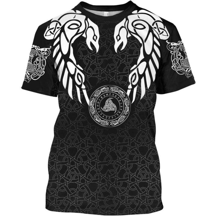 Feinny Men's Fashion T-Shirt, 3D Printing Viking Odin Crow Quick Dry Shirt Tops, Summer Cool Casual Short Sleeve Tees, Huginn & Muninn Raven Symbol Round Neck Short Sleeve Streetwear,Two crows2,XXL