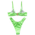 Women's V-neck Leather Special Metal Buckle Bikini Set  Solid Color High Cut Split Two Piece Bathing Suit. 