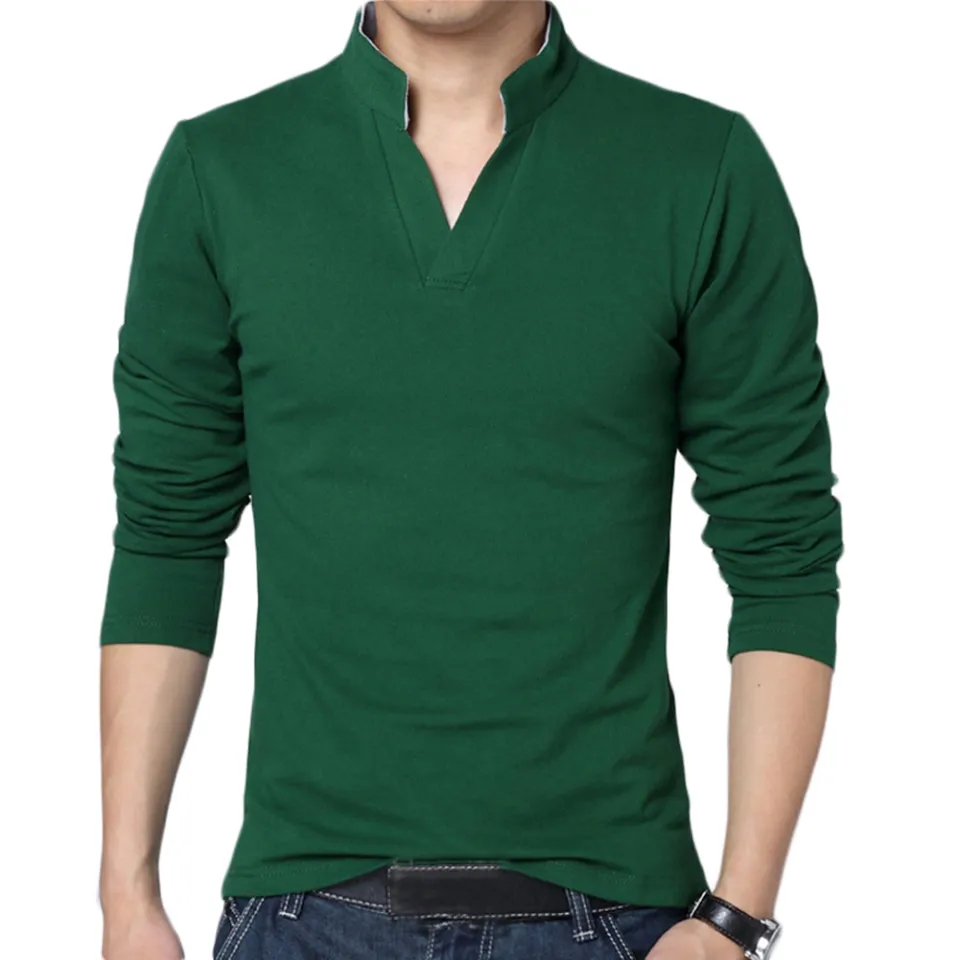 Solid Color Men Casual Stand Collar V Neck Long Sleeve T Shirt Slim Fit Top Daraz.pk