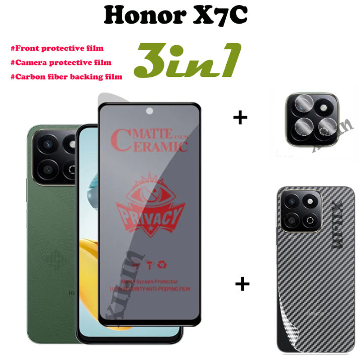 3IN1For Honor X7C Full Screen Soft Matte Privacy Ceramic film+ Camera Lens Back Screen Sticker+Carbon Fiber back filmstrip