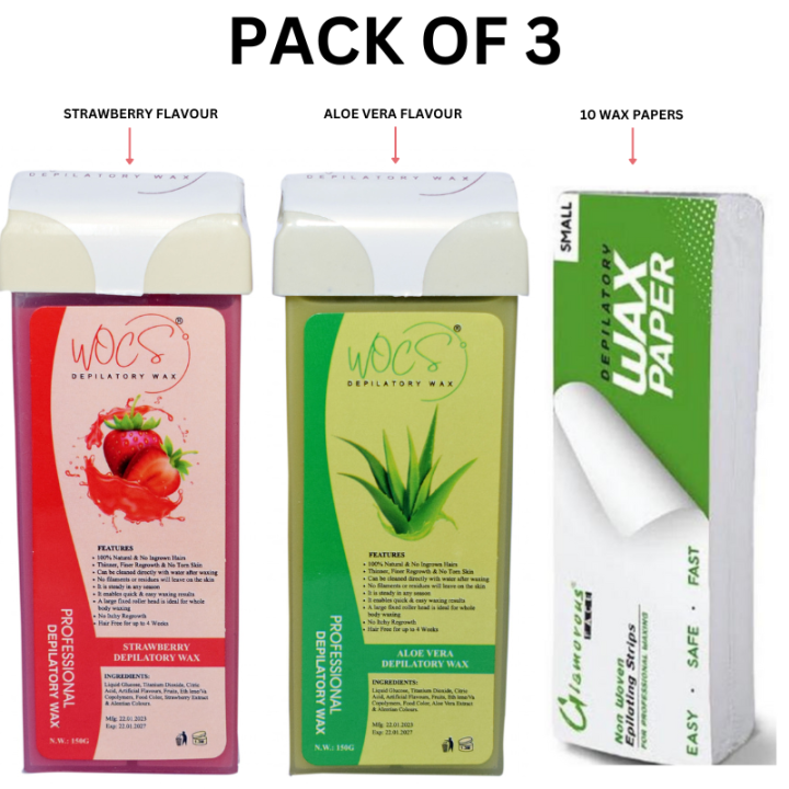 Wocs Pack of 3  Wax Refill Roll on Wax Refill 100 ML Depilatory Waxing Refill for Women, for Sensitive Skin Roll On Wax Kit for Larger Areas of the Body, Roller Waxing Hair Removal, at Home Waxing for Women and Men