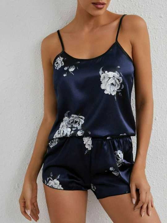 SILK AND SATIN PRINTED SHORT CAMI SET FOR WOMENS GIRLS LINGRIE SLEEPWEAR NIGHTSUIT 2PCS