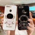 For OPPO A5s Back Cover with Cartoon Astronaut Folding Stand Luxury 6D Plating Frame Shiny Cases Soft Silicone Square Protective Mobile Phone Case. 