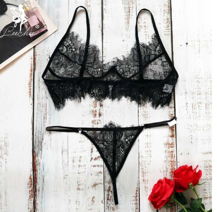 Women Lingerie Set Sexy Erotic Lingeire Plus Size See-through Bralette+G-String Three-Point Suits Lace Bra Set1