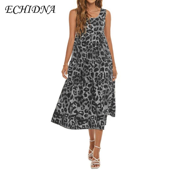 ECHIDNA Party Dress Soft Sleeveless Leopard Print Element Swing Tank Top Long Dress