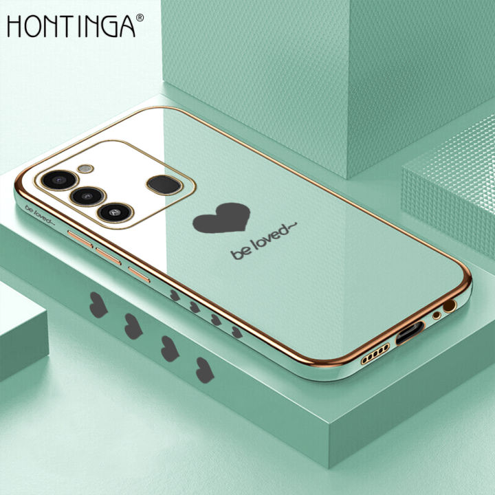 Hontinga for Tecno Spark 8C Back Cover Luxury 6D Plating Lover Heart Side Pattern Case Soft Silicone Square Phone Cases
