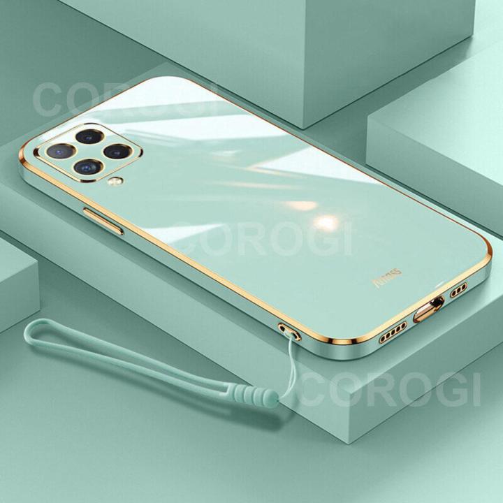 For Samsung Galaxy A22 4G Back Cover + Wrist Strap Luxury Shiny Plating Square Shockproof Bumper Camera Lens Protection Soft TPU Silicone Phone Case