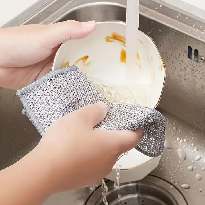Dish Scrubber Kitchen Cleaning Cloth Metal Multipurpose Wire Dishwashing Rag Easy to Use Rag Reusable Rag Thickened Cleaning Rag for Dishes Sinks Counter Stove Top (Color : Silver)