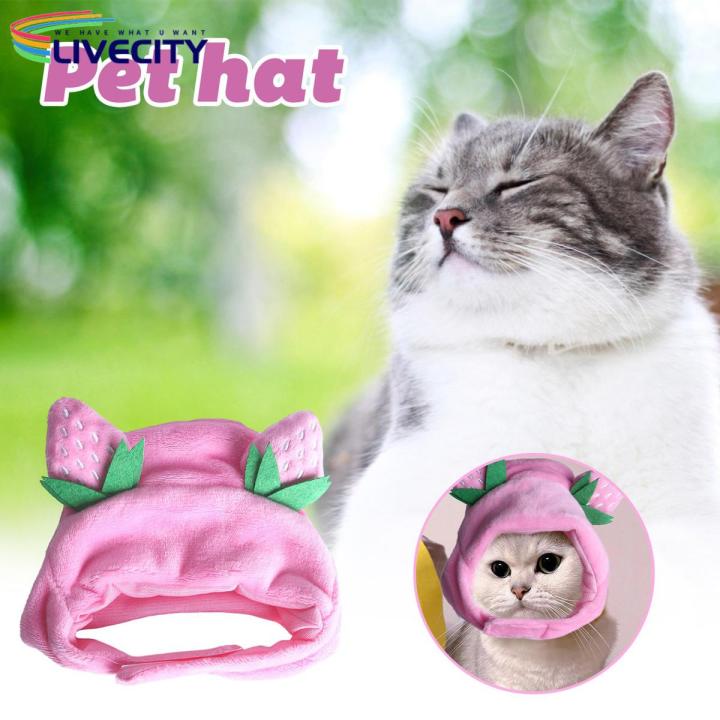 Adorable Strawberry Cat Plush Hat Soft Lightweight Pet Cosplay Headwear for Fun Photos Fastener Tape Included