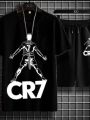 Black Cr7 Cristiano Ronaldo Printed Cotton Half Sleeves O Neck Short & Tshirt For Men & Boys. 