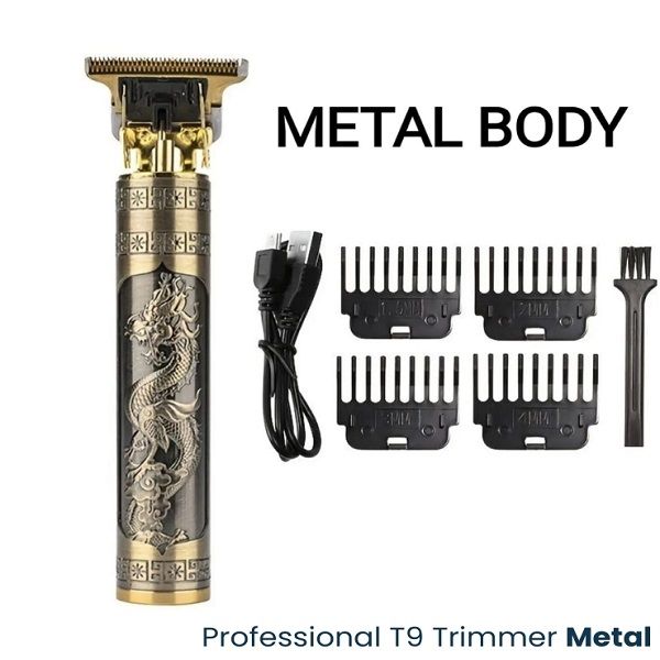 HIGH QUALITY T9 HAIR TRIMMER FOR MEN | VINTAGE METAL BODY TRIMMER | Dragon Style USB Rechargeable Electric Cutting Machine (Golden) | CLIPPER and T9 cordless Hair Trimmer Set