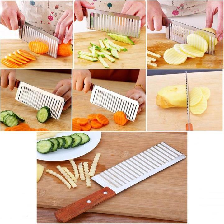 Crinkle Fries Cutter Knife Kitchen Wavy Potato Chips Slicer Stainless Steel Blade Wooden Handle