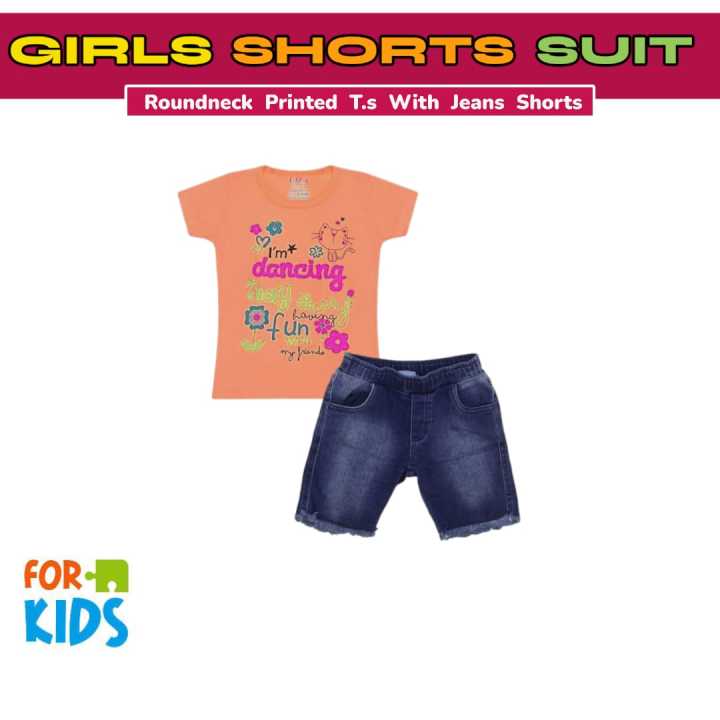 Verdrobe - Stylish & Fancy Printed T-shirt With Jeans Short Baby & Girls