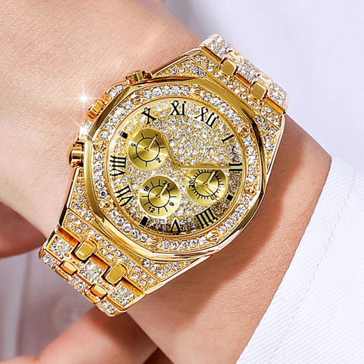 Men's Golden Rhinestone Decor Watch Fashion Men's Quartz Artificial Diamond Watch, Ideal choice for Gifts