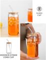 Premium Transparent Round Drinking Glass Tumbler with Bamboo Lid And Glass Straw 540ML. 