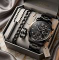 🔥 Luxury 4-In-1 Men’s Black Premium Gift Set – Glossy Stainless Steel Watch, Chain Bracelet, Heartbeat Ring & Pendant Necklace for Men. 