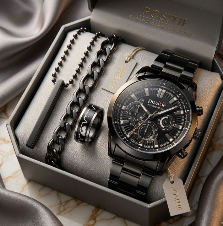 🔥 Luxury 4-In-1 Men’s Black Premium Gift Set – Glossy Stainless Steel Watch, Chain Bracelet, Heartbeat Ring & Pendant Necklace for Men