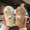 Cute Teddy Bear Mug With Straw insulated 450ml Thermos Mug Stainless Steel Double Wall Vacuum Flask Water Bottle. 