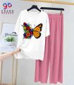 Summer Cotton Jersey Nighty Set for Women & Girls – Butterfly Printed T-Shirt & Pink Trouser Night Suit – Soft Breathable Home, Sleep & Lounge Wear (Women S–XL | Kids 7–14 Years). 