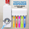Set of Toothpaste Dispenser & Toothbrush Holder - White Automatic Toothpaste Dispenser and Toothbrush Holder Set. Wall Mounted Toothpaste Dispenser with 5 Toothbrush Holder Set, Toothpaste Squeezing Machine, Toothpaste Dispenser Toothbrush Holder Set.. 