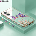 Jizetin (Free Lanyard) for OPPO Reno7 Z 5G  /  F21 Pro 5G Back Cover Peach Blossom and Butterfly Luxury 6D Plating Case Side Pattern Soft Silicone Square Mobile Phone Cases. 