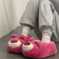 Cute Cartoon Rose Red Bear Warm Non-Slip Strawberry Home Plush Cotton Slippers For Women. 