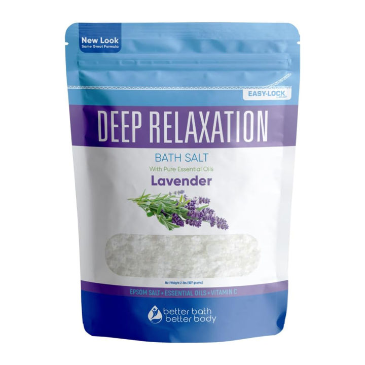 Deep Relaxation Bath Salt 500 grams Epsom Salt with Natural Lavender Essential Oil Plus Vitamin C in BPA Free Pouch with Easy Press-Lock Seal