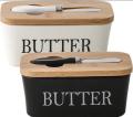 Elegant Porcelain Butter Dish with Knife, Large Ceramic Butter Dish with Lid and Natural Oak Wood Cover for Kitchen Decor and Accessories for Kitchen Gift, White. 