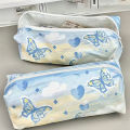 Sweet Simple Blue Butterfly Pencil Case High Capacity Stationery Storage Bag superman store. 