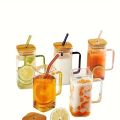 Techmanistan Random Color 400ml Square Glass Mug With Handle, Straw & Wooden Lid, Drinking Glass, Adorable Glass Cups with Lids and Straw, Glass Tumbler Coffee Cup Coffee Mug. 