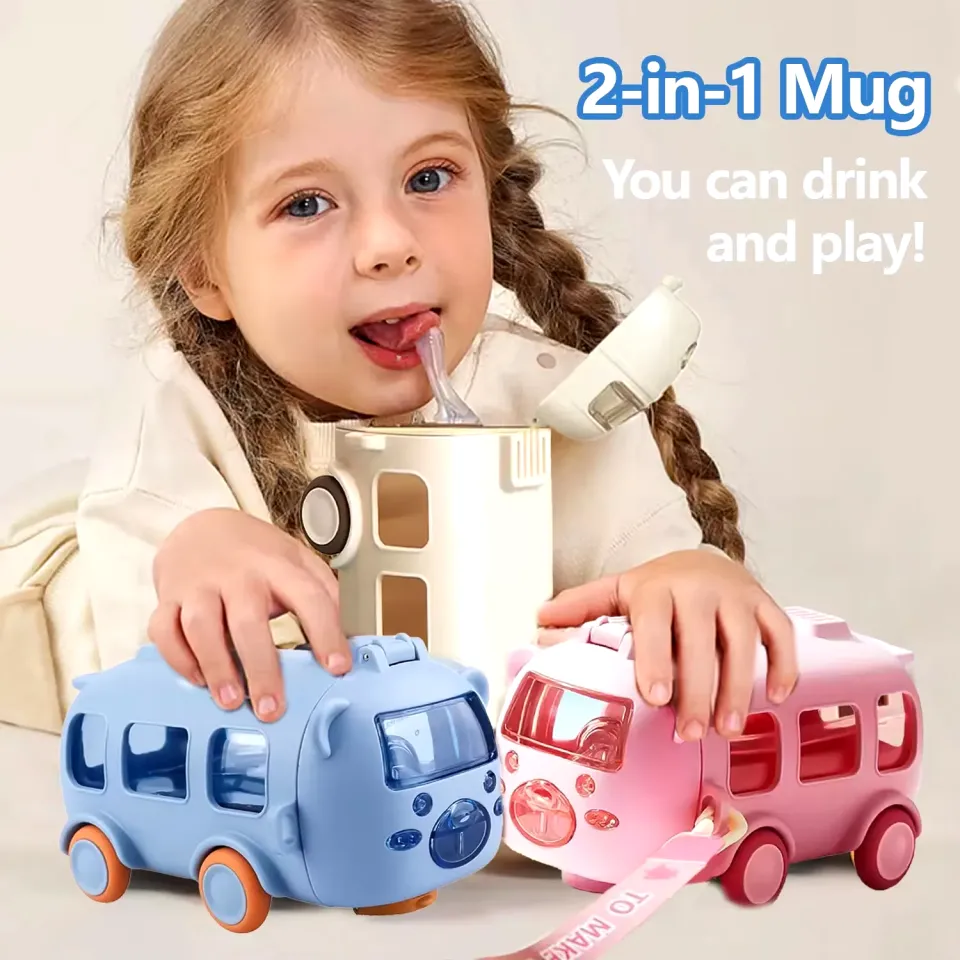 Imported 500ml Bus Water Bottle for Kids with Strap Sipper and Straw Leakproof BPA Free with Lock Water Bottle for School Kids Cute Bus Shaped Water Bottle for Girls and Boys