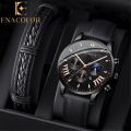 Enacolor 2Pcs/Set Simple Male Leather Bracelets Quartz Watch Set Fashion Casual Accessories Men Gift. 