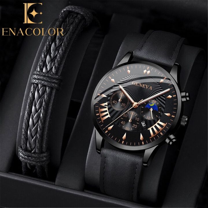 Enacolor 2Pcs/Set Simple Male Leather Bracelets Quartz Watch Set Fashion Casual Accessories Men Gift