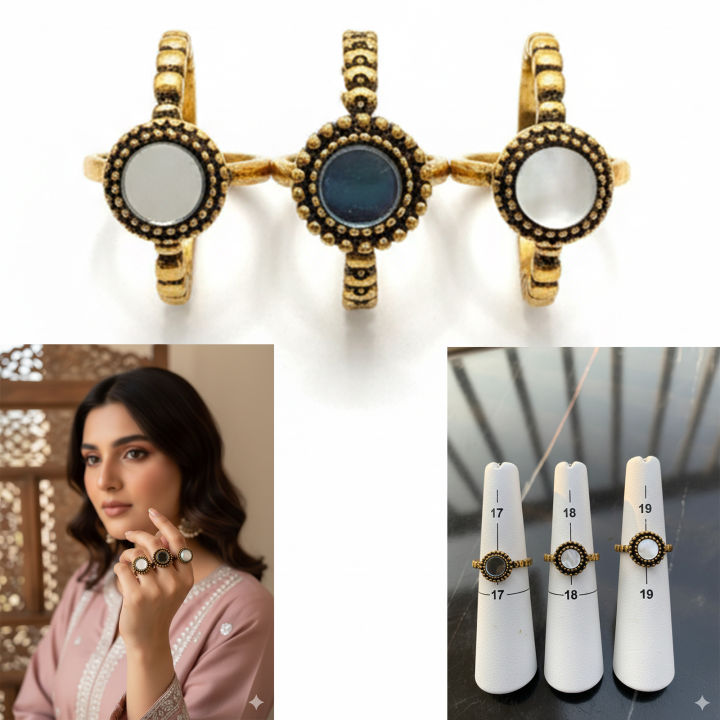 Vintage-Style 3 Pack Adjustable Gold Rings with Pearl & Black Stone ...