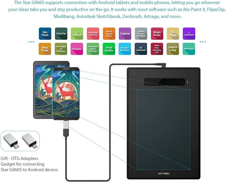 XPPen Star G960S Graphics Drawing Tablet 9 x 6 inch with 8192 Levels ...