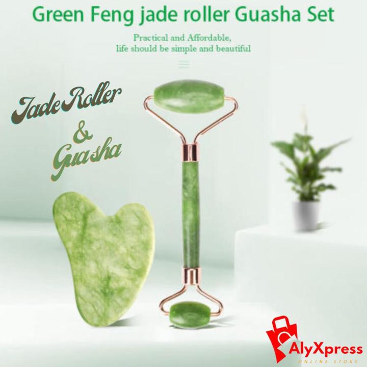 Jade Roller and Gua Sha Set 100% Green Stone Natural Facial Massager Scraper Neck Body Relaxation Slimming Gua Sha Board Beauty Thin Lift Skin Care