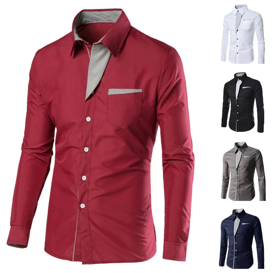 Men Dress Shirt Color Block Turndown Collar Buttons Shirt Daraz.pk