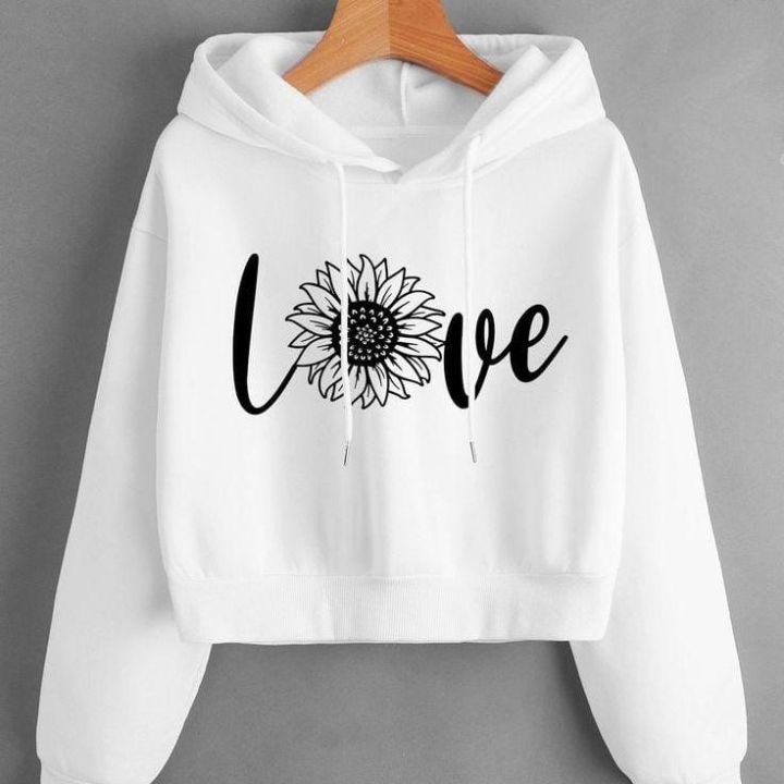 Love Printed Fleece Full Sleeves Pull Over Crop Top Hoodie For Girl Women Daraz.pk