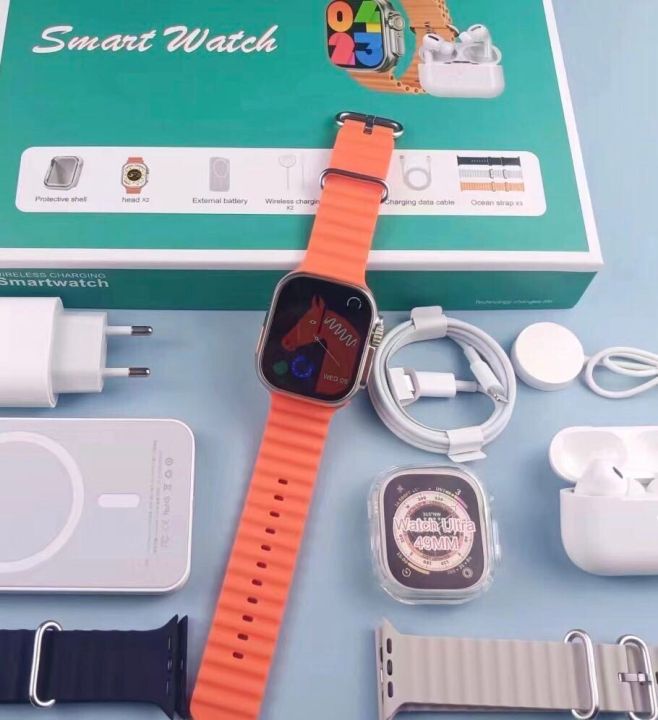 P90 UNIQUE ULTRA SMARTWATCH 10 IN 1 SET POWERBANK, JELLY CASE, ULTRA WATCH, 3STRAPS, ADAPTER, LIGHTNING IPHONE CABLE, WIRELESS CHARGER, & AIRPODS PRO 2 ULTRA BLUETOOTH CALLING SMART WATCH
