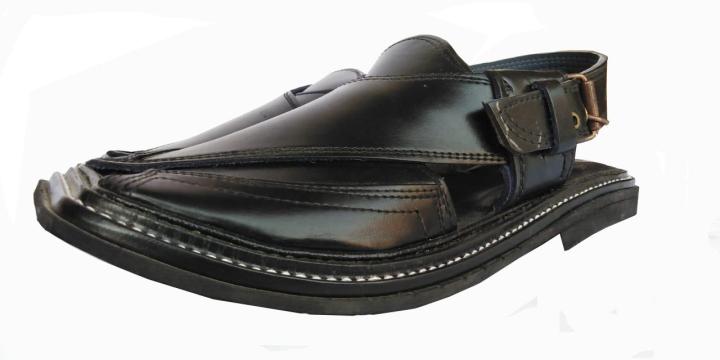 Black Polish Peshawari Chappal With Hand Made Sole