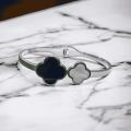 Four Leaf Clover Black and White Bangle Bracelet Trending Korean Bracelet for Girls Handcuff Bracelet for Women – Anti-Tarnish Stainless Steel Jewelry for Luck & Style. 