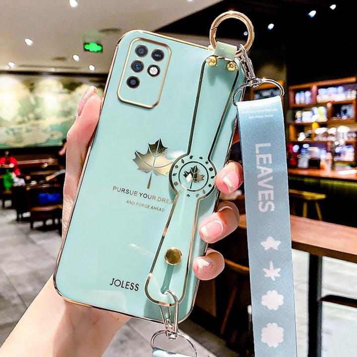 For Infinix Note 10 Back Cover with Lanyard + Wristband Fashion Shiny Maple Leaf Plating Bumper Stand Holder Case Camera Protection Soft Silicone Mobile Phone Cases