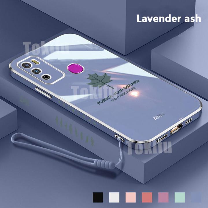 Tokifu For Infinix Hot 9 Play Cover + Wrist Strap Fashion Shiny Maple leaf Plating Square Bumper Phone Case Soft TPU Silicone Shockproof Protective Back Cover