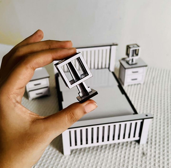 1-12 Scale Bed and Mattress Structure with 2 side tables 2 Lapms for doll house furniture set