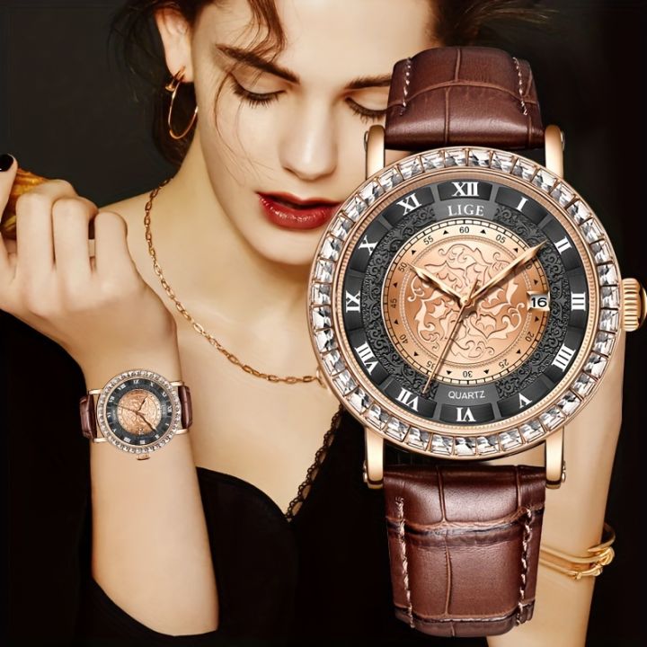 LIGE Women's Watch Luxury Rhinestone Quartz Watch Vintage Floral Engraved Analog PU Leather Wrist Watch Clock Montre Femme