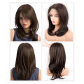 Women Hair Wigs Ladies Daily Natural Wave Dark Brown Side Parting Synthetic None Lace Wigs with Bangs. 
