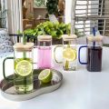 Techmanistan Random Color 400ml Square Glass Mug With Handle, Straw & Wooden Lid, Drinking Glass, Adorable Glass Cups with Lids and Straw, Glass Tumbler Coffee Cup Coffee Mug. 